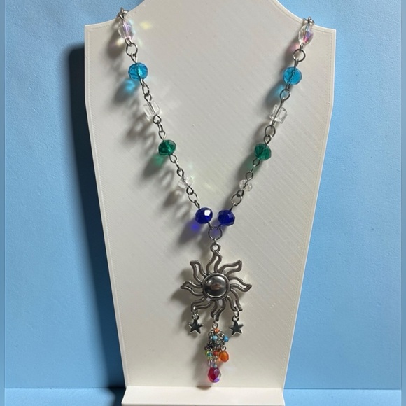 Silver Sun and Stars Charm Multicolor Beaded Necklace with Silver Pendant 18” - Picture 2 of 7